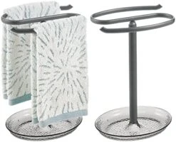 MDesign Steel Fingertip Towel Rack Stand With Base Tray - Towel Holder, Towel Bar For Bathroom, Kitchen, Powder Room - Holds Hand Towel, Washcloths - Rain Collection - 2 Pack, Light Gray/Charcoal Gray -GENERIC Shop 51g3O0e7BfL. AC