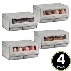 MDesign Large Fabric Closet Shoe Storage Box W/Clear Window - Shoe, Sandal, Sweater, Linen, Clothes Organizer - Boot Storage Solutions - Shoe Bin - Lido Collection, 4 Pack, Gray