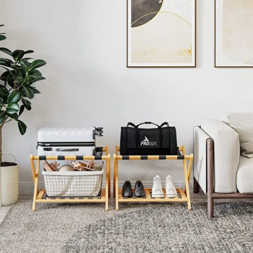 Smart FENDEE 2 Pack Fully Assembled Luggage Racks For Suitcases For Bedroom, Heavy Duty Bamboo Foldable Suitcase Stands With Storage Shelf, Wide Luggage Stand For Guest Room, Hotel, Natural 3 Smart FENDEE 2 Pack Fully Assembled Luggage Racks For Suitcases For Bedroom, Heavy Duty Bamboo Foldable Suitcase Stands With Storage Shelf, Wide Luggage Stand For Guest Room, Hotel, Natural - Image 3