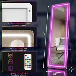 RGB LED Mirror 63"x20", Full Length Mirror With Lights, Body Mirror With Lights-LED Stand Up Mirror, Wall Mounted Hanging Mirror, Bedroom Body Mirror With Dimming & 7 Color Modes (White) -GENERIC Shop 51gRgdkoujL
