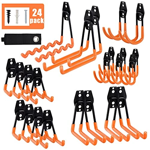 AOBEN Garage Hooks,24Pack Heavy Duty Garage Hanger Organizer Anti-Slip Double Wall Garage Storage Hooks For Ladder, Power Tool,Bike,Ropes (23 Hooks & 1 Hoder Strap)-Orange 1 AOBEN Garage Hooks,24Pack Heavy Duty Garage Hanger Organizer Anti-Slip Double Wall Garage Storage Hooks For Ladder, Power Tool,Bike,Ropes (23 Hooks & 1 Hoder Strap)-Orange
