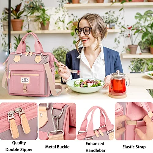 SunUnion Lunch Bag, Cute Insulated, Large Lunch Tote For Work, Leak Proof Lunch Box For Women, Lunch Purse, Cooler Bag With Side Pockets And Shoulder Strap For Picnic Office(Pink) 4 SunUnion Lunch Bag, Cute Insulated, Large Lunch Tote For Work, Leak Proof Lunch Box For Women, Lunch Purse, Cooler Bag With Side Pockets And Shoulder Strap For Picnic Office(Pink) - Image 4