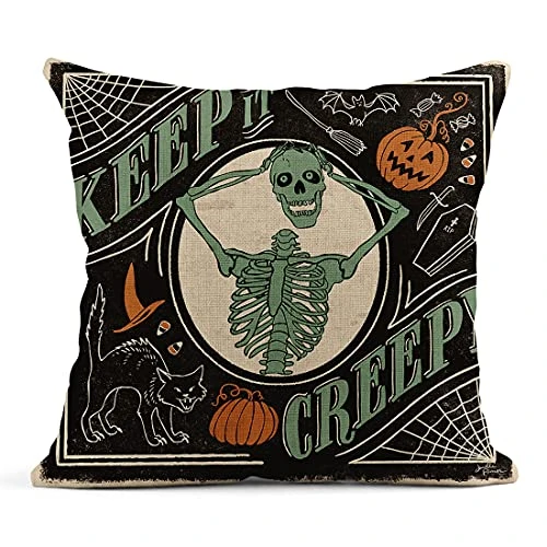 Rouihot Set Of 4 Linen Throw Pillow Covers 18x18 Inch Vintage Halloween Scaredy Cats Pumpkins Skeletons Home Decor Pillowcase Square Cushion Covers For Sofa Bed Couch 3 Rouihot Set Of 4 Linen Throw Pillow Covers 18x18 Inch Vintage Halloween Scaredy Cats Pumpkins Skeletons Home Decor Pillowcase Square Cushion Covers For Sofa Bed Couch - Image 3