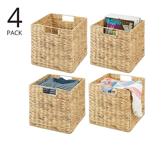 MDesign Natural Woven Hyacinth Cube Organizer Basket With Handles, Storage For Bathroom, Laundry Room Shelf Or Nursery - Perfect For Cubby Storage Units - Hold Blankets And Books - 4 Pack, Natural/Tan 2 MDesign Natural Woven Hyacinth Cube Organizer Basket With Handles, Storage For Bathroom, Laundry Room Shelf Or Nursery - Perfect For Cubby Storage Units - Hold Blankets And Books - 4 Pack, Natural/Tan - Image 2