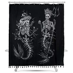 Gothic Skeleton Mermaid Shower Curtain, Black Shower Curtain For Skeleton Bathroom Decor, Skull Shower Curtain And Gothic Bathroom Decor - Water Resistant