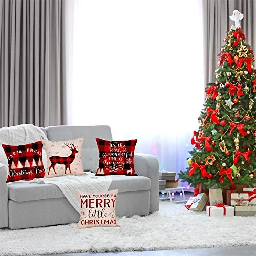4 Pack Farmhouse Christmas Red Black Buffalo Plaids Throw Pillow Case Have Yourself A Merry Little Christmas Quotes Deer Snowflake Xmas Trees Holiday Decorative Cushion Cover Cotton Linen 18x18 Inch 2 4 Pack Farmhouse Christmas Red Black Buffalo Plaids Throw Pillow Case Have Yourself A Merry Little Christmas Quotes Deer Snowflake Xmas Trees Holiday Decorative Cushion Cover Cotton Linen 18x18 Inch - Image 2