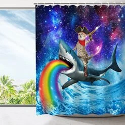Funny Shower Curtain, Cat Shower Curtains Set With 12 Hooks, Waterproof Cool Shower Curtain, Decor Cat Whale Shark Bathroom Curtain, 72âx72â