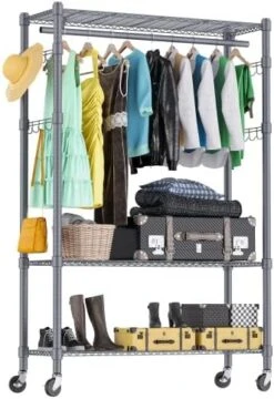 BATHWA Large Clothing Rack 205 Cm/80'' Height, Garment Rack Commercial Clothes Rack 3 Tier Cloth Drying Rack Dress Rack Hanging Rack With Lockable Wheel, 2 Hanging Rods And 2 Hooks, Gray -GENERIC Shop 51iC8D4idOL. AC