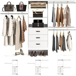 Armocity 96 Inches Closet System, 8FT Walk In Closet Organizer With 3 Shelving Towers, Heavy Duty Clothes Rack With 3 Drawers, Built-In Garment Rack, 96" L X 16" W X 75" H, Max Load 1000 LBS, White