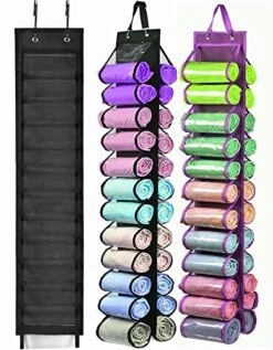 AARAINBOW 2 Packs Yoga Legging Storage Organizer, Hanging Closet Organizer With 24 Roll Compartments Hanging Clothes Storage Bag For Pants, Tank Top, Towel, T-Shirt (24 Pockets, Black Purple)