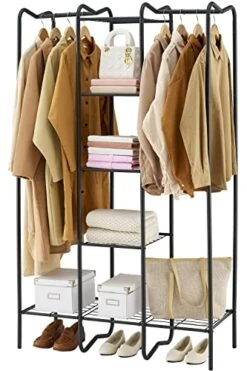 Gewudraw Clothes Rack With Shelves, Portable Closet Wardrobe Clothes Organizer, Metal Garment Rack For Hanging Clothes, Freestanding Wire Shelving Garment Rack Closet Organizer And Storage