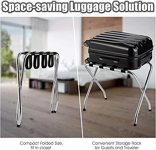 BETTARY Chrome Luggage Rack For Guest Room, Folding Metal Bag Suitcase Holder With Nylon Straps, Luggage Stand Ideal For Home Bedroom Guest Room Hotel, No Assembly Required (1) 3 BETTARY Chrome Luggage Rack For Guest Room, Folding Metal Bag Suitcase Holder With Nylon Straps, Luggage Stand Ideal For Home Bedroom Guest Room Hotel, No Assembly Required (1) - Image 3