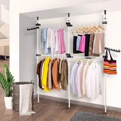 Estink Garment Rack Clothing Hanger, Heavy Duty Adjustable Closet Rod Double Rail,Simple No Drilling For Bedroom Freestanding Wardrobe Closet Organizer System,3 Vertical Poles 4 Bars