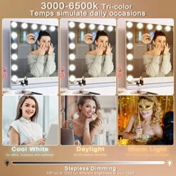Vanity Mirror With Lights And Bluetooth, Hollywood Mirror With Lights 15 LED Dimmable Bulbs, Lighted Vanity Mirrors Adjustable Brightness, 3 Color Modes, USB Port -GENERIC Shop 51lJnGessbL