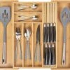 TIOPGHAD Bamboo-Silverware-Drawer-Organizer-Kitchen, Expandable Utensil Holder Cutlery Tray Flatware Organization Adjustable Wood Tableware Dividers Storage (with Removable Knife Block)