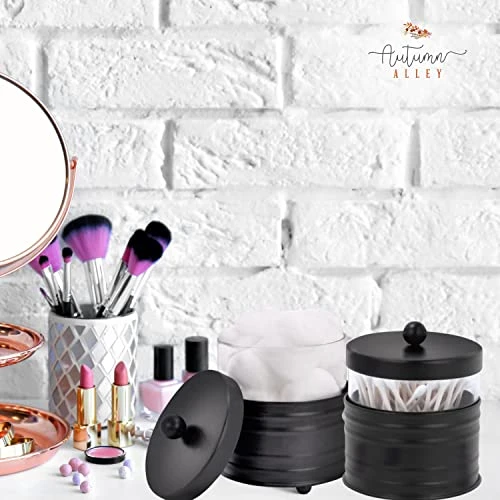 Autumn Alley Deluxe Farmhouse Apothecary Jars Set, Black Bathroom Jars Qtip Holder Glass - Rustic Vanity Organizer For Bathroom Counter, Cotton Balls, Swabs, Rounds, Salts 2 Small Glass Jars With Lids 4 Autumn Alley Deluxe Farmhouse Apothecary Jars Set, Black Bathroom Jars Qtip Holder Glass - Rustic Vanity Organizer For Bathroom Counter, Cotton Balls, Swabs, Rounds, Salts 2 Small Glass Jars With Lids - Image 4