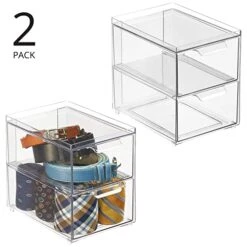 MDesign Stackable Storage Containers Box With 2 Pull-Out Drawers - Stacking Plastic Drawer Bins For Closet Organization, Linen, Coat, Bedroom Or Entryway Closets - Lumiere Collection - 2 Pack - Clear