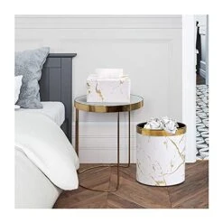 Huaqinglian Small Office Trash Can Garbage Can Metal Open Top Wastebasket Bin With Removable Gold Ring Which For Hold Garbage Bag For Bathroom,Living Room,Bedroom Using (White Gold Marble)