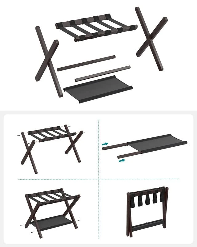 SONGMICS Luggage Rack, Wood Luggage Rack For Guest Room, Folding Suitcase Stand, For Hotel, Bedroom, Heavy-Duty, Holds Up To 121 Lb, Expresso And Black URLR006R01 5 SONGMICS Luggage Rack, Wood Luggage Rack For Guest Room, Folding Suitcase Stand, For Hotel, Bedroom, Heavy-Duty, Holds Up To 121 Lb, Expresso And Black URLR006R01 - Image 5