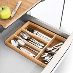 Relaxdays Kitchen Drawer Organiser, 4 X 25 X 34 Cm, With 4 Compartments, Bamboo Cutlery Tray, Brown