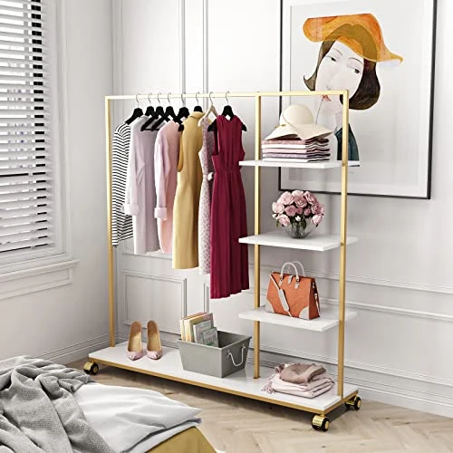 FONECHIN Metal Gold Clothing Rack For Boutique Use, Heavy Duty Garment Rack With Shelves For Retail Display (59L Inches) 3 FONECHIN Metal Gold Clothing Rack For Boutique Use, Heavy Duty Garment Rack With Shelves For Retail Display (59L Inches) - Image 3