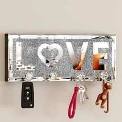 SHYFOY Mirrored Key Holder For Wall Decorative Love Letter Sign Plaque Key Hanger For Wall Decor, Glitter Key Rack Wall Hanger With 4 Crystal Hooks For Entryway Front Door Key Hanging -GENERIC Shop 51n3g M0RZL. AC