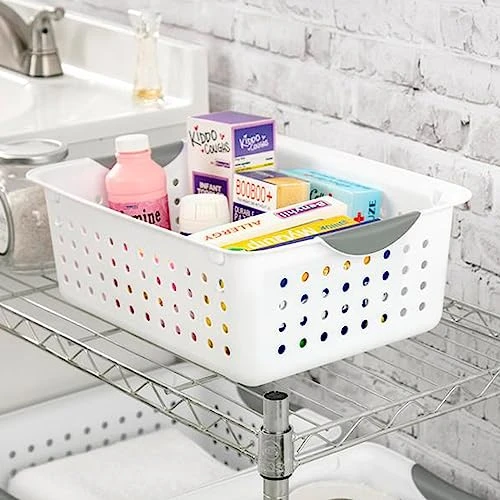 Sterilite Medium Ultra Ventilated Open Top Plastic Storage Organizer Basket With Gray Contoured Carrying Handles, White (24 Pack) 2 Sterilite Medium Ultra Ventilated Open Top Plastic Storage Organizer Basket With Gray Contoured Carrying Handles, White (24 Pack) - Image 2