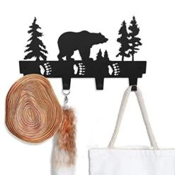 CoolPlus Coat Hooks Wall Mounted Entryway Dog Leash And Key Holder Clothes Hat Rack And Backpack Hanger Cabin Decor Metal Mural Art Bear Pattern Black Finish
