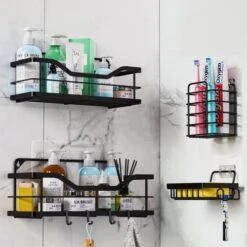 4-Pack 44LBS Shower Caddy Bathroom Organizer Shelves: Adhesive Or Drilling Home Kitchen Storage Rack Decor Accessories, Wall Mounted Rustproof Stainless Steel Baskets Soap Toothbrush Holders Hooks