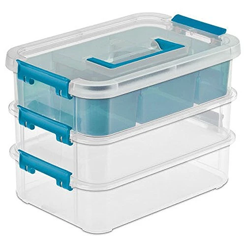 Sterilite Convenient Small Home 3-Tiered Layer Stacking Carry Storage Box With Colored Accent Secure Latches, Clear (12 Pack) 1 Sterilite Convenient Small Home 3-Tiered Layer Stacking Carry Storage Box With Colored Accent Secure Latches, Clear (12 Pack)
