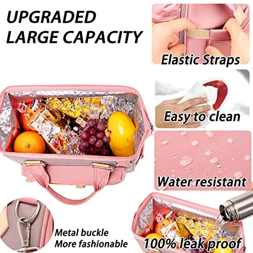 SunUnion Lunch Bag, Cute Insulated, Large Lunch Tote For Work, Leak Proof Lunch Box For Women, Lunch Purse, Cooler Bag With Side Pockets And Shoulder Strap For Picnic Office(Pink) 3 SunUnion Lunch Bag, Cute Insulated, Large Lunch Tote For Work, Leak Proof Lunch Box For Women, Lunch Purse, Cooler Bag With Side Pockets And Shoulder Strap For Picnic Office(Pink) - Image 3