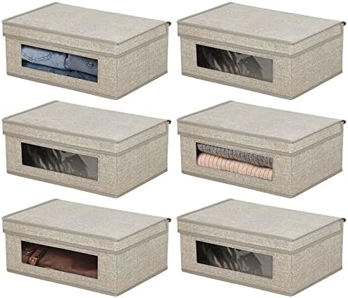 MDesign Fabric Stackable Slim Shelf Storage Organizer Box With Window/Attached Lid For Organizing Bedroom Closet - Holds Purses, Linens, Accessories - Lido Collection - 6 Pack, Cream/Espresso Brown 13 MDesign Fabric Stackable Slim Shelf Storage Organizer Box With Window/Attached Lid For Organizing Bedroom Closet - Holds Purses, Linens, Accessories - Lido Collection - 6 Pack, Cream/Espresso Brown - Image 13