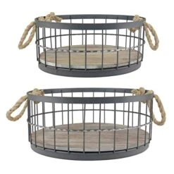 Stonebriar 2pc Round Stackable Metal Wire And Wood Basket Set With Rope Handles, Rustic Decor For Home Storage, Decorative Serving Baskets For Weddings, Birthdays, And Holiday Parties
