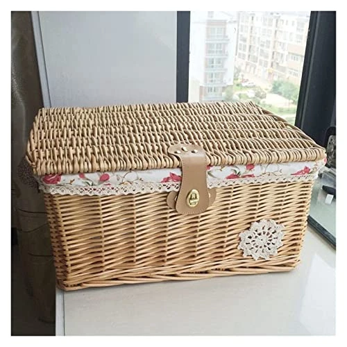 WALTX Rattan Storage Basket Desktop Sundries Cosmetic Storage Box Hand-Woven Home Basket With Lid (Color : Coffee Rose Cloth, Size : 37x27x17 Cm) 5 WALTX Rattan Storage Basket Desktop Sundries Cosmetic Storage Box Hand-Woven Home Basket With Lid (Color : Coffee Rose Cloth, Size : 37x27x17 Cm) - Image 5