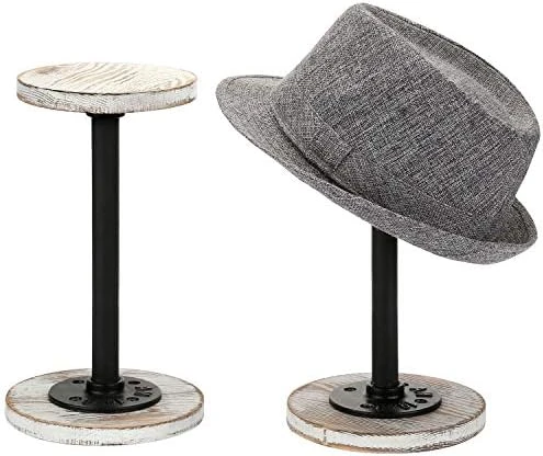 MyGift Rustic Burnt Wood Hat Holder Stand With Industrial Metal Pipe, Wig Rack Or Jewelry Display Riser, Set Of 2 7 MyGift Rustic Burnt Wood Hat Holder Stand With Industrial Metal Pipe, Wig Rack Or Jewelry Display Riser, Set Of 2 - Image 7