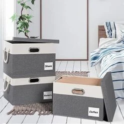 ASXSONN Extra Large Storage Bins With Lids, Fabric Storage Bins With Label & 3 Handles, Foldable Storage Boxes With Lids, Storage Baskets With Lids For Organizing (15.75"x11.8"x10.2", Grey, 3 Pack)
