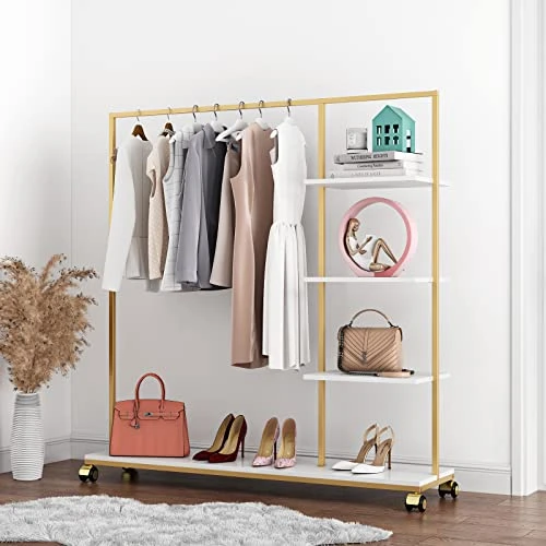 FONECHIN Metal Gold Clothing Rack For Boutique Use, Heavy Duty Garment Rack With Shelves For Retail Display (59L Inches) 2 FONECHIN Metal Gold Clothing Rack For Boutique Use, Heavy Duty Garment Rack With Shelves For Retail Display (59L Inches) - Image 2