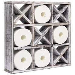 Tic Tac Toe Toilet Paper Holder | Rustic Wall Mounted Floating Hanging Or Freestanding Storage Wooden Shelf | Over The Toilet Roll Storage Rack Organizer | Bathroom Vintage Decor (Farmhouse White)