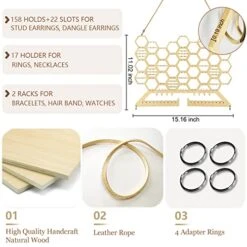 YoohNuse Hanging Earring Organizer Wall Earing Holder Jewelry Organizer Wall Mount Stud Earring Necklace Hanger Rack Rustic Honeycomb Jewelry Display For Girls (Burlywood) -GENERIC Shop 51vTLmqYpiL