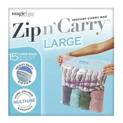 Smart Design MagicBag Instant Space Zip N' Carry Bags W/Handle - Large - 15 Bags Total - Heavy Duty Zipper - Blocks Water, Dirt, & Odors - Clothing, Pillows, & More - Home Organization
