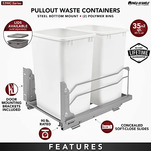 Rev-A-Shelf 53WC-1835SCDM-217 Double 35 Quart Pull-Out Under Mount Kitchen Waste Container Trash Cans With Soft-Close Slides, Silver 4 Rev-A-Shelf 53WC-1835SCDM-217 Double 35 Quart Pull-Out Under Mount Kitchen Waste Container Trash Cans With Soft-Close Slides, Silver - Image 4