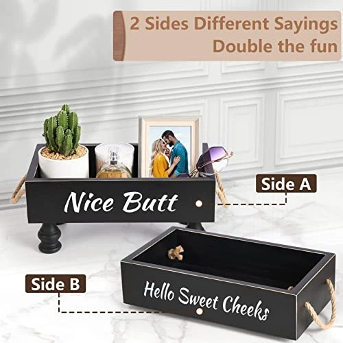 BS-VOG Bathroom Decor Box, Raised Wood Toilet Tank Basket For Toilet Paper With Funny Signs On 2 Sides For Back Of Toilet, Farmhouse Tank Topper Storage Organizer Tray For Rustic Home Decor (Black) 2 BS-VOG Bathroom Decor Box, Raised Wood Toilet Tank Basket For Toilet Paper With Funny Signs On 2 Sides For Back Of Toilet, Farmhouse Tank Topper Storage Organizer Tray For Rustic Home Decor (Black) - Image 2