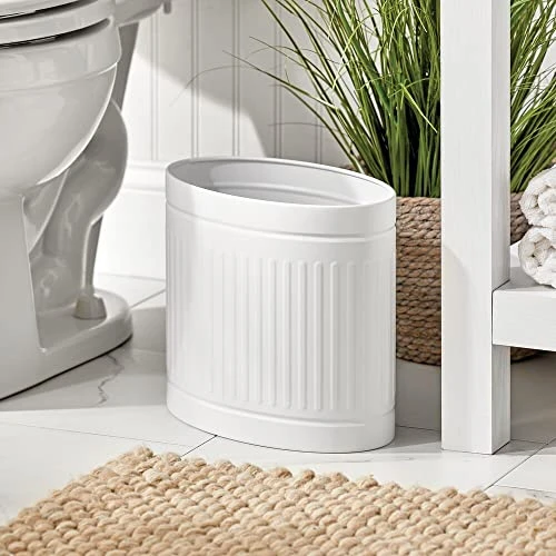 MDesign Slim Oval Steel Metal 2.25 Gallon/8.5 Liter Trash Can Wastebasket, Garbage Bin For Bathroom, Kitchen, Bedroom, Office - Hold Trash, Refuse, Garbage, Recycling, Oscar Collection, White 2 MDesign Slim Oval Steel Metal 2.25 Gallon/8.5 Liter Trash Can Wastebasket, Garbage Bin For Bathroom, Kitchen, Bedroom, Office - Hold Trash, Refuse, Garbage, Recycling, Oscar Collection, White - Image 2