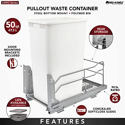 Rev-A-Shelf 53WC-1550SCDM-117 Single 50-Quart Kitchen Base Cabinet Pull Out Waste Container Trash Can With Soft-Close Slides, Silver 5 Rev-A-Shelf 53WC-1550SCDM-117 Single 50-Quart Kitchen Base Cabinet Pull Out Waste Container Trash Can With Soft-Close Slides, Silver - Image 5