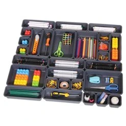 TENABORT 42 Pack Interlocking Desk Drawer Organizer Tray Dividers Plastic Shallow Narrow Drawers Organizers Separators Storage Bins Container For Kitchen Bathroom Makeup Office Vanity Dresser