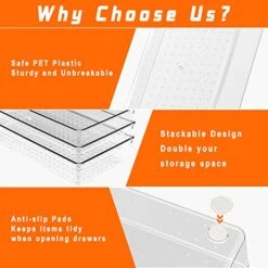 Criusia 8 Pack Large Clear Plastic Drawer Organizer Set, Bathroom Organizer Vanity Trays Dividers, Non Slip Storage Bins For Makeup, Jewelry, Snacks, Office, Desk, Fridge, Bedroom, Kitchen