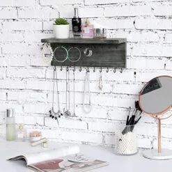 MyGift Hanging Jewelry Organizer, Wall-Mounted Rustic Gray Wood Necklace, Bracelets Display Rack With 26 Hooks And Top Shelf -GENERIC Shop 51zdLbduGZL