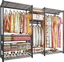 Raybee 77" H Clothes Rack Heavy Duty Loads 900LBS Clothes Racks For Hanging Clothes Adjustable Clothing Rack Heavy Duty Garment Rack Metal Free Standing Closet With 2 Big Baskets 74.8" Wx77 Hx18 D