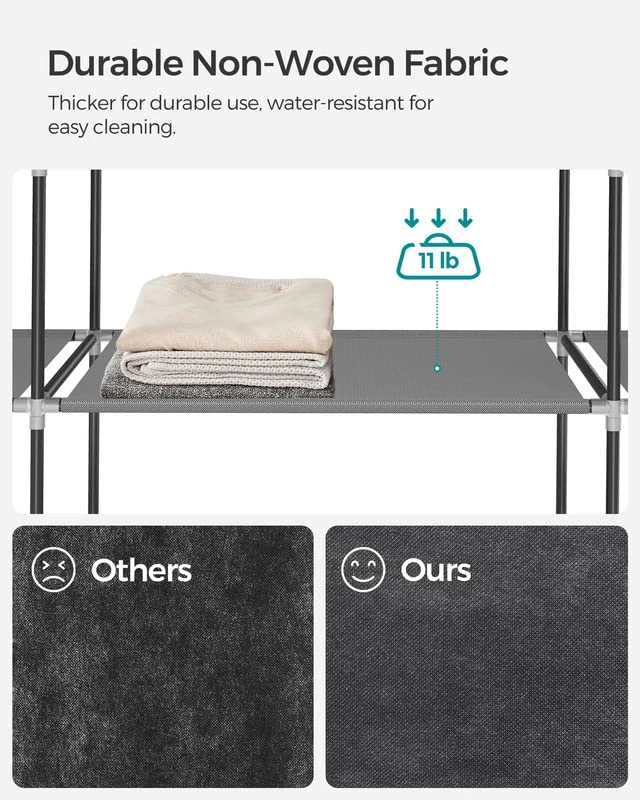 SONGMICS Closet Wardrobe, Portable Closet For Bedroom, Clothes Rail With Non-Woven Fabric Cover, Clothes Storage Organizer, 59 X 17.7 X 69 Inches, 12 Compartments, Gray ULSF03G 4 SONGMICS Closet Wardrobe, Portable Closet For Bedroom, Clothes Rail With Non-Woven Fabric Cover, Clothes Storage Organizer, 59 X 17.7 X 69 Inches, 12 Compartments, Gray ULSF03G - Image 4