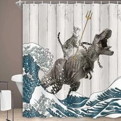 Funny Cat Shower Curtain, Cool Cat Dinosaur Japanese Ocean Wave Decor Fabric Bathroom Curtains, Kids Children Rustic Wooden Farmhouse Shower Curtain, 70 X 78 Inches
